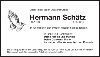 Traueranzeige von Hermann Schätz von Pegnitz-Zeitung
